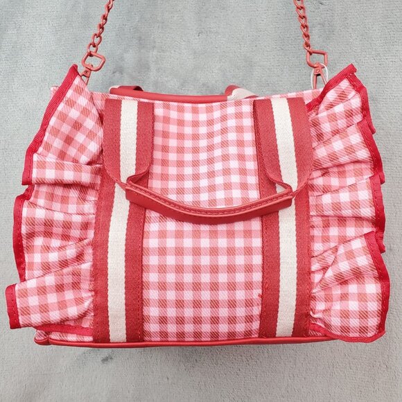 Betsey Johnson Heart LB Ruffle Pink Red Gingham Handbag Crossbody Tote Cottage - Picture 3 of 16